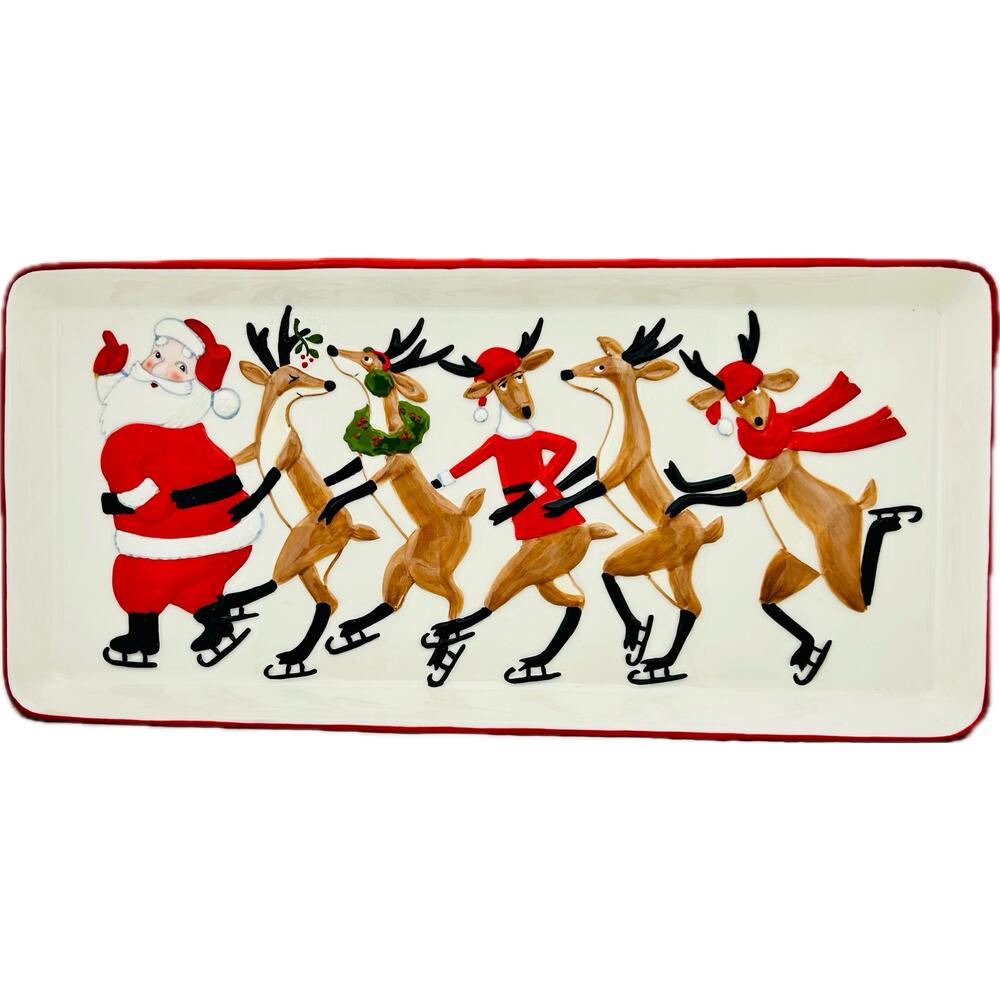 Department 56 Skating Santa &‎ Reindeer Ceramic Tray NWT 56.91986 Retired